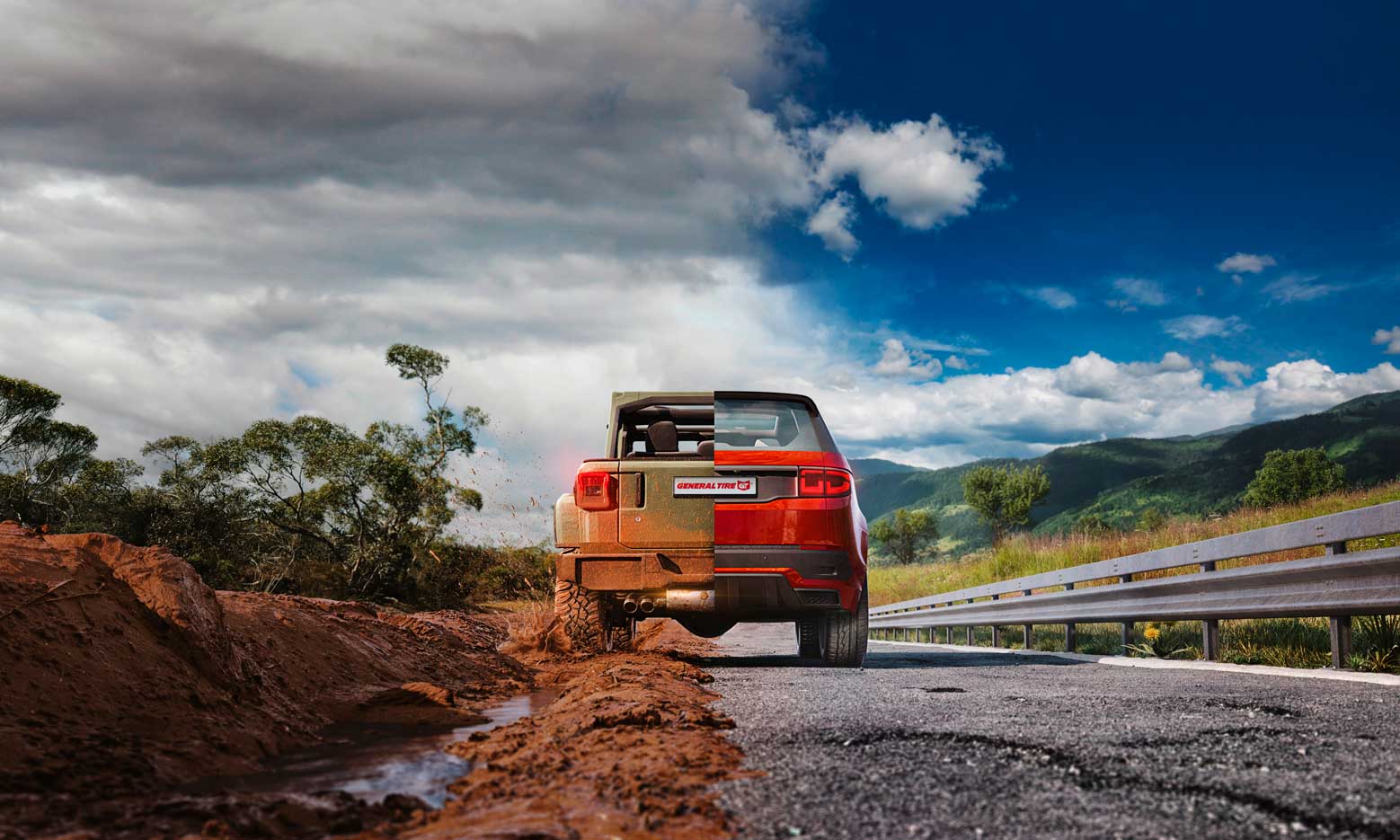 A imagem mostra um veículo dividido pelo meio, uma parte dele é um jipe off-road que está passando por um terreno agressivo com lama e terra. A outra metade é uma SUV andando em uma via pavimentada.