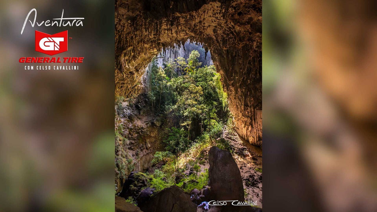 A imagem mostra uma fotografia da Caverna Temimina e seu famoso jardim suspenso com vegetação bem esverdeada.