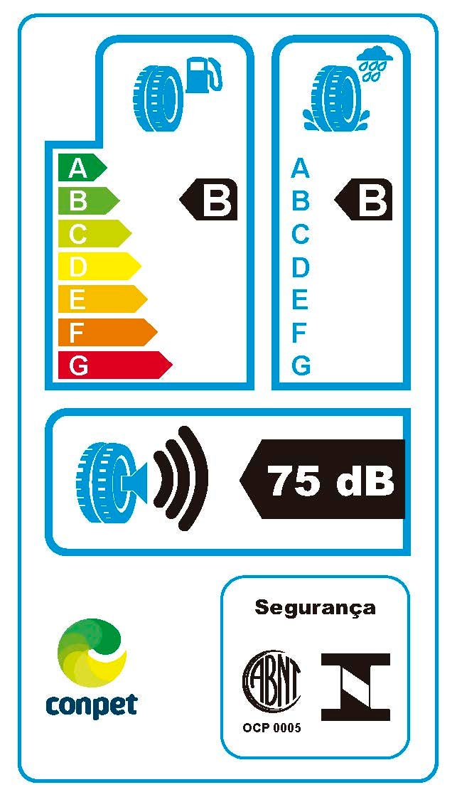 A imagem mostra a etiqueta inmetro com padrão brasileiro para a venda de pneus no país. Na etiqueta está presente indíces em economia de combustível, rodagem no molhado e o nível de ruído sonoro.